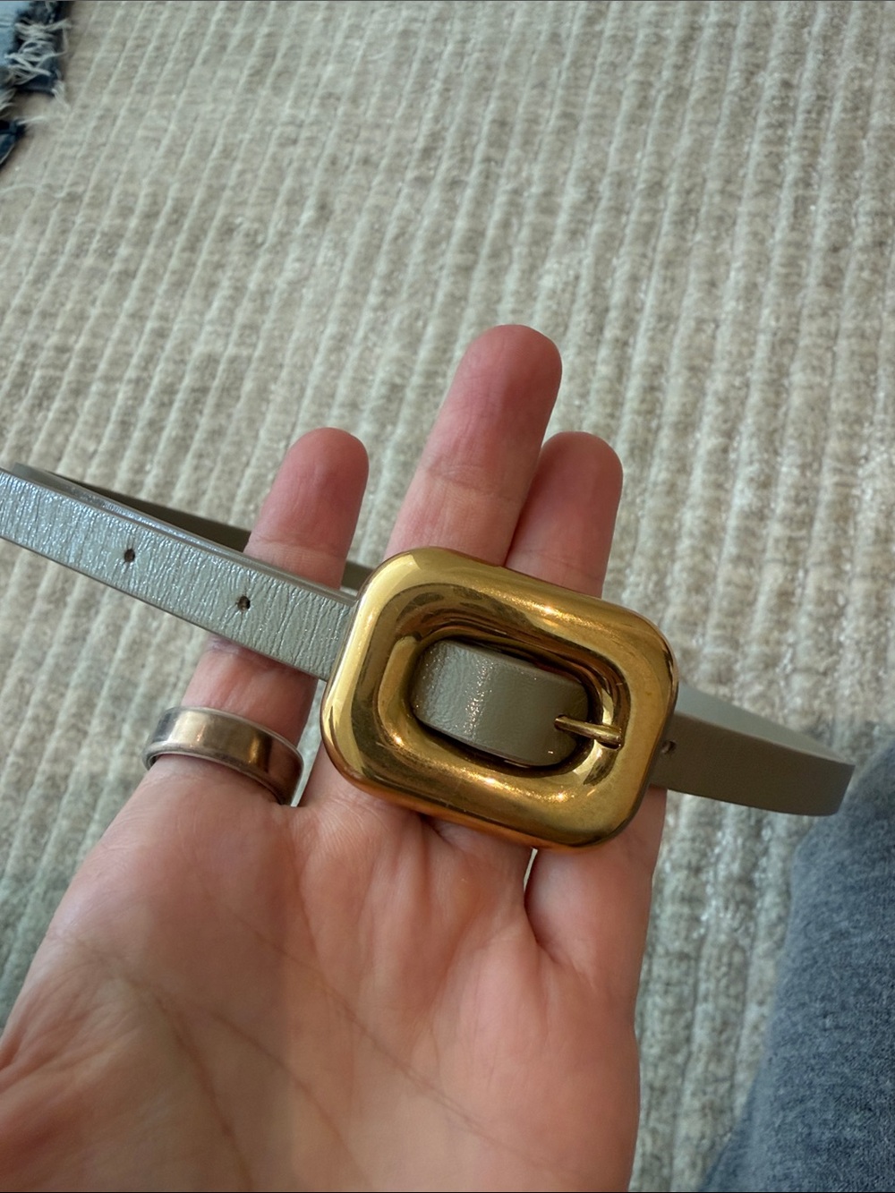 Bottega Veneta Light Taupe Leather Belt with Chunky Gold Buckle